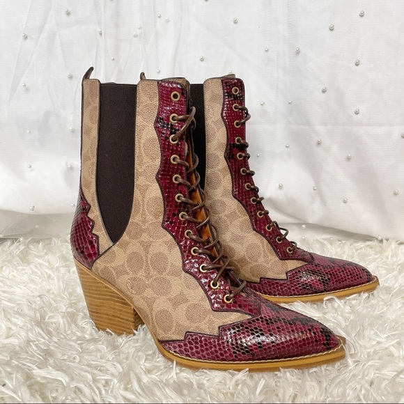 Coach Lace Up Signature Canvas & Snakeskin Boots - Picture 13 of 13